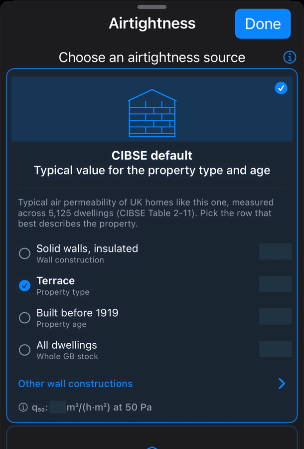 Heatworx airtightness sheet: Choose an airtightness source, with CIBSE default selected and four rows to pick from — a wall construction, the property type (Terrace, ticked), the property age, and all dwellings — then a Measured card below