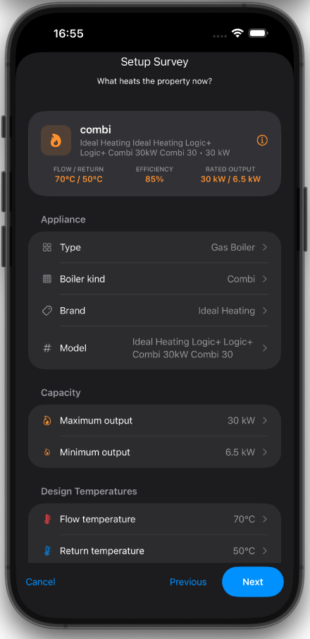 Heatworx heat source screen for a gas combi boiler: the summary card reads Flow / Return 70°C / 50°C, with Flow temperature 70°C and Return temperature 50°C under Design Temperatures
