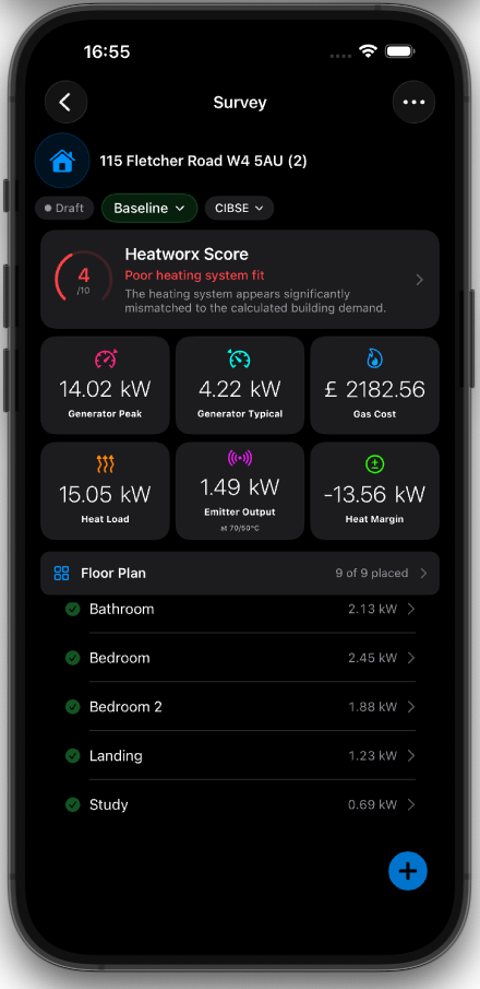 Heatworx survey screen with the Emitter Output tile reading 1.49 kW and, beneath it, at 70/50°C, next to Heat Load and Heat Margin tiles