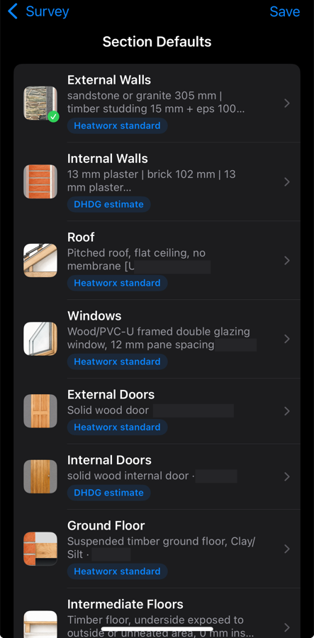 Heatworx Section Defaults screen listing External Walls, Internal Walls, Roof, Windows, External Doors, Internal Doors, Ground Floor and Intermediate Floors, each with its construction and a source badge reading Heatworx standard or DHDG estimate