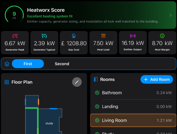 The same survey on iPad: Heatworx Score 9 out of 10, heat load, emitter output and the floor plan